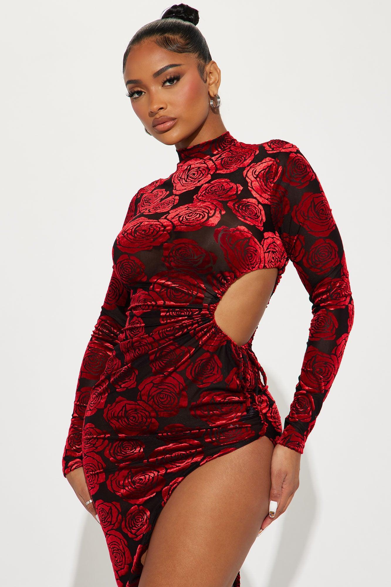 Stop And Smell The Velvet Midi Dress - Black/Red Product Image