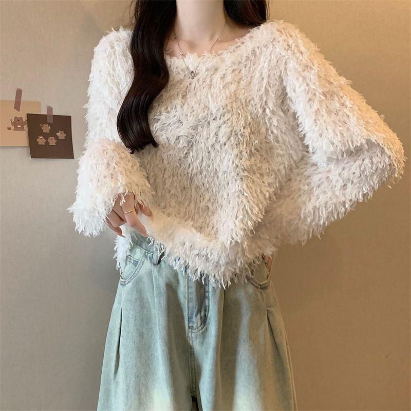 Long-Sleeve Round Neck Plain Fluffy Knit Top Product Image