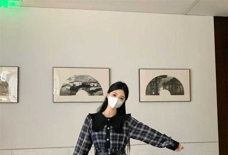 Set: Long-Sleeve Collar Plaid Midi A-Line Dress + Belt Product Image