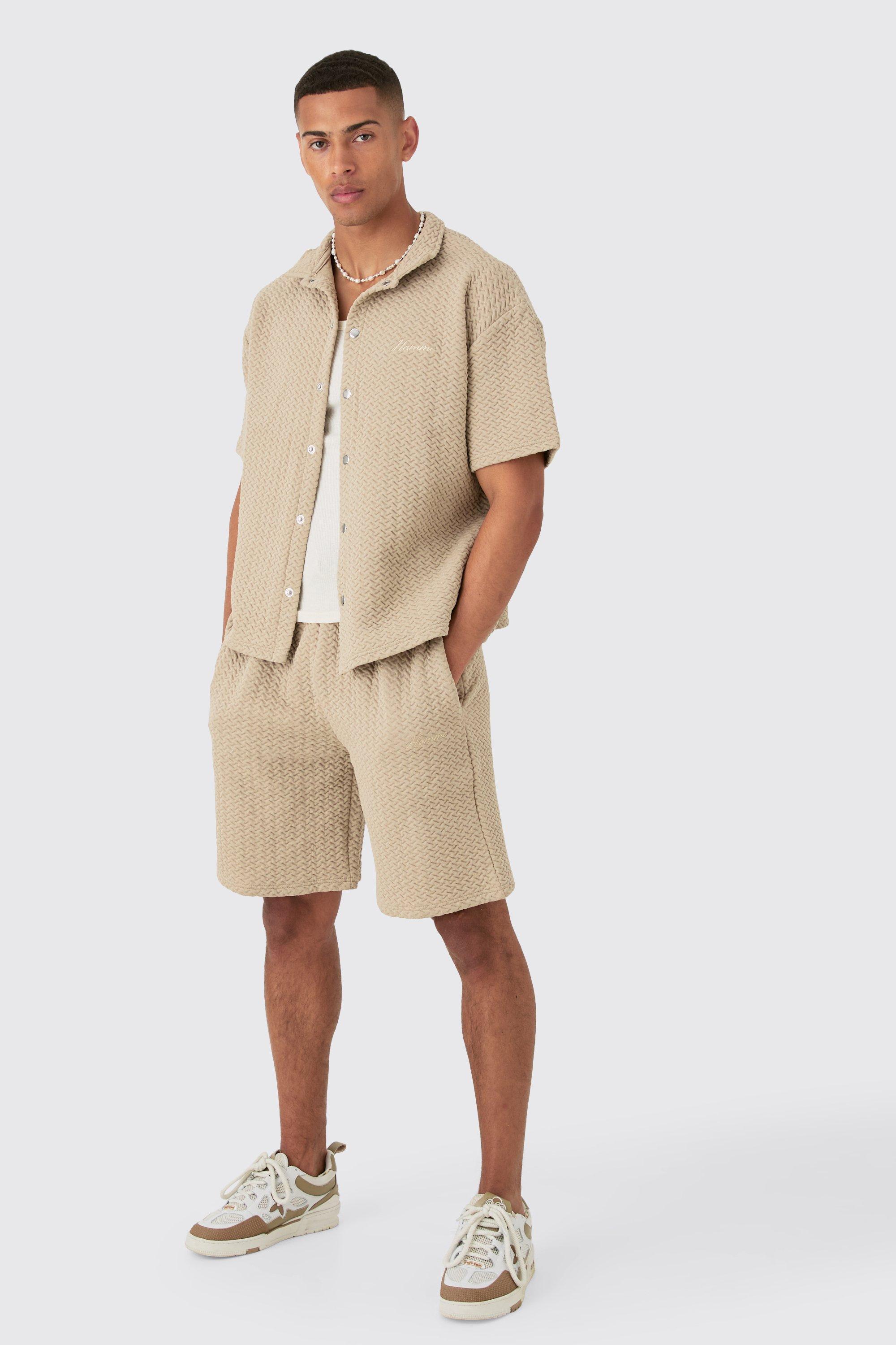 Oversized Boxy Homme Embroided Textured Polo And Short Set | boohooMAN USA Product Image