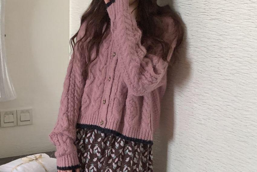 Crewneck Cable Knit Plain Button-Up Cardigan Product Image