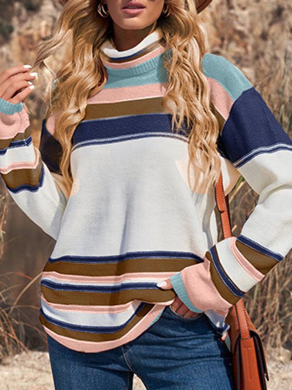 Long Sleeves Loose Split-Joint Split-Side Striped High Neck Pullovers Sweater Tops Product Image