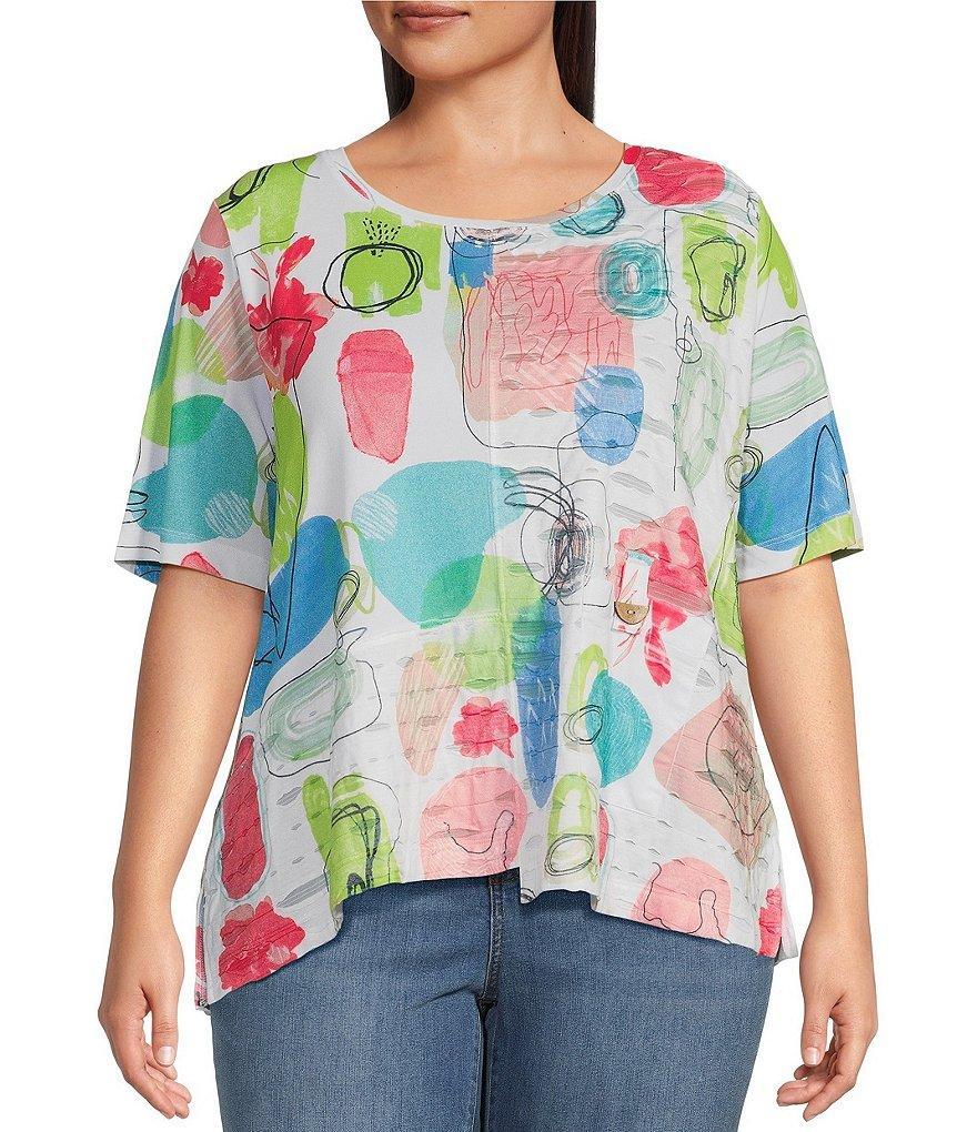 Ali Miles Plus Size Knit Abstract Geometric Print Crew Neck Elbow Length Sleeve Tunic Product Image