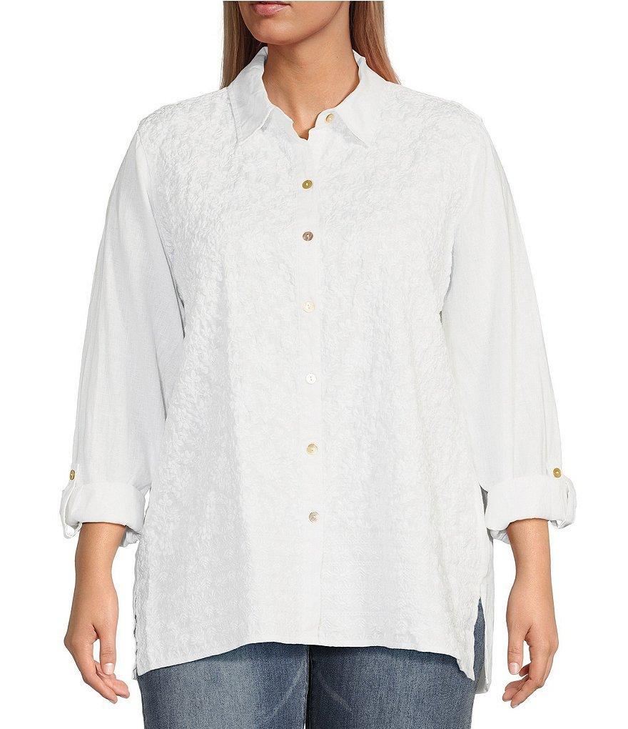 John Mark Plus Size Floral Embroidered Collar Neck 3/4 Roll-Tab Sleeve Hi-Low Hem Button-Front Blouse Product Image