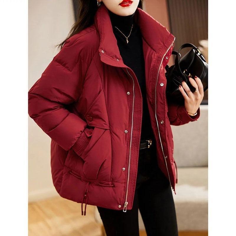 Stand Collar Plain Drawstring Zip Puffer Jacket Product Image