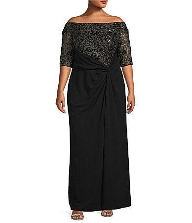 Tadashi Shoji Sequin Bodice Mixed Media Off the Shoulder Gown Product Image