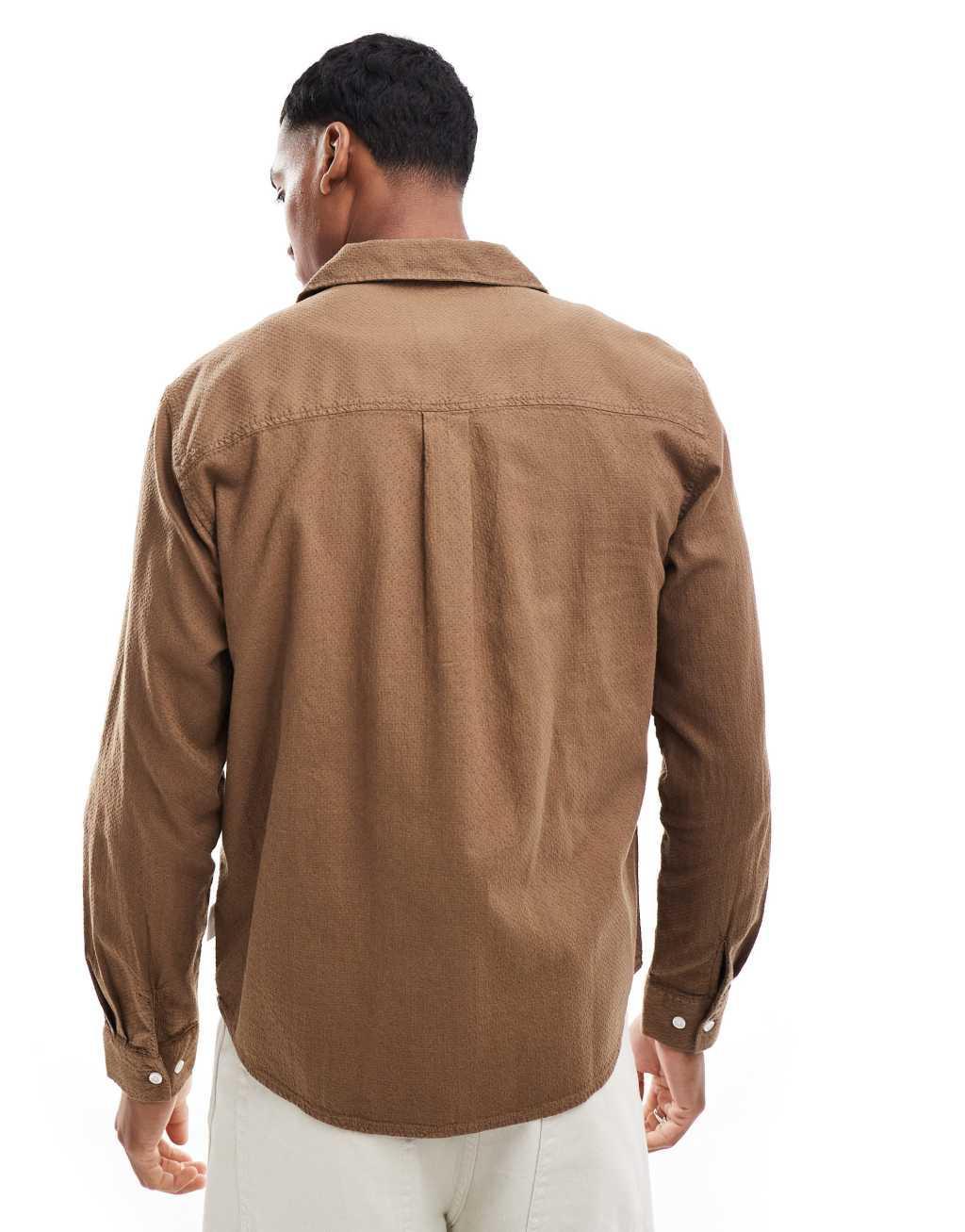 ONLY & SONS long sleeve revere collar waffle texture shirt in brown Product Image