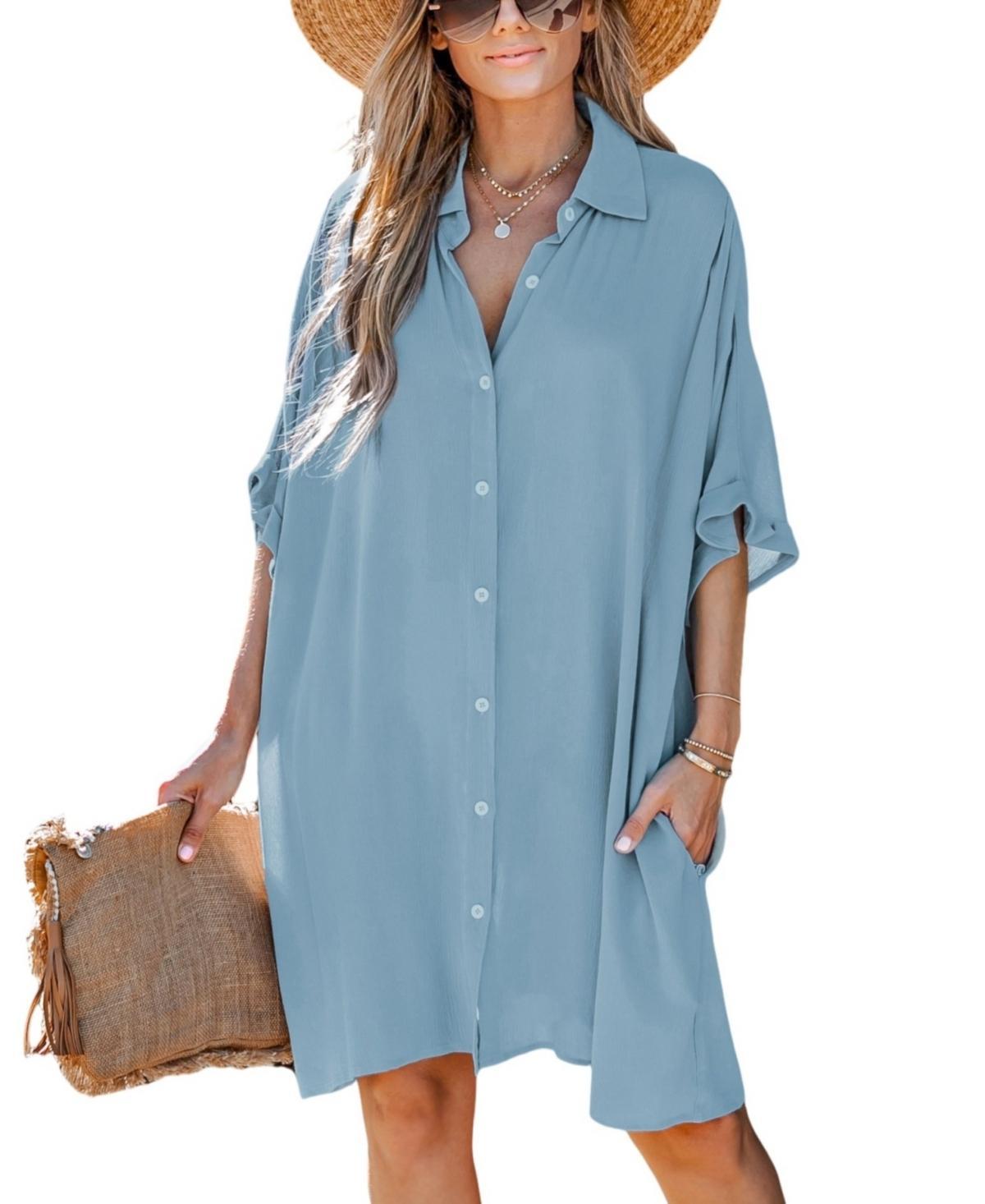 Cupshe Womens Flowy Button-Up Midi Beach Dress - Light Product Image