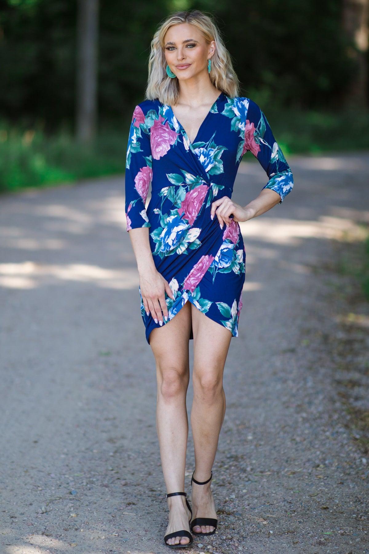 Navy and Dusty Rose Floral Print Dress Product Image