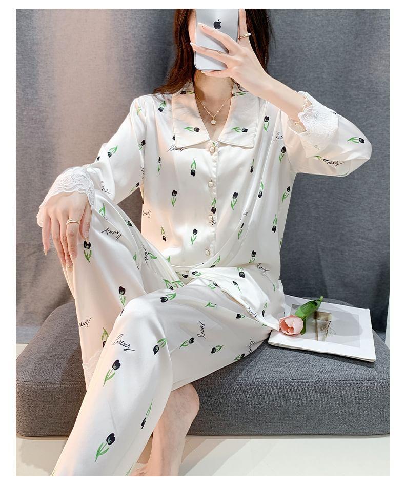 Pajama Set: Long-Sleeve Collared Floral Print Lace Trim Button-Up Top + Pants Product Image