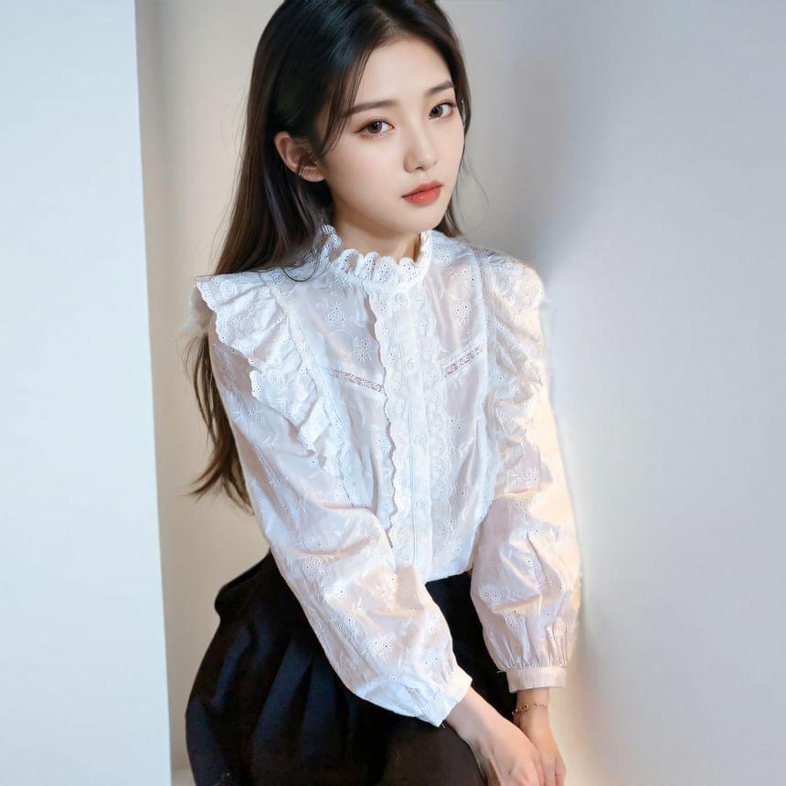 Long-Sleeve Stand Collar Plain Ruffle Trim Embroidered Eyelet Button-Up Blouse Product Image