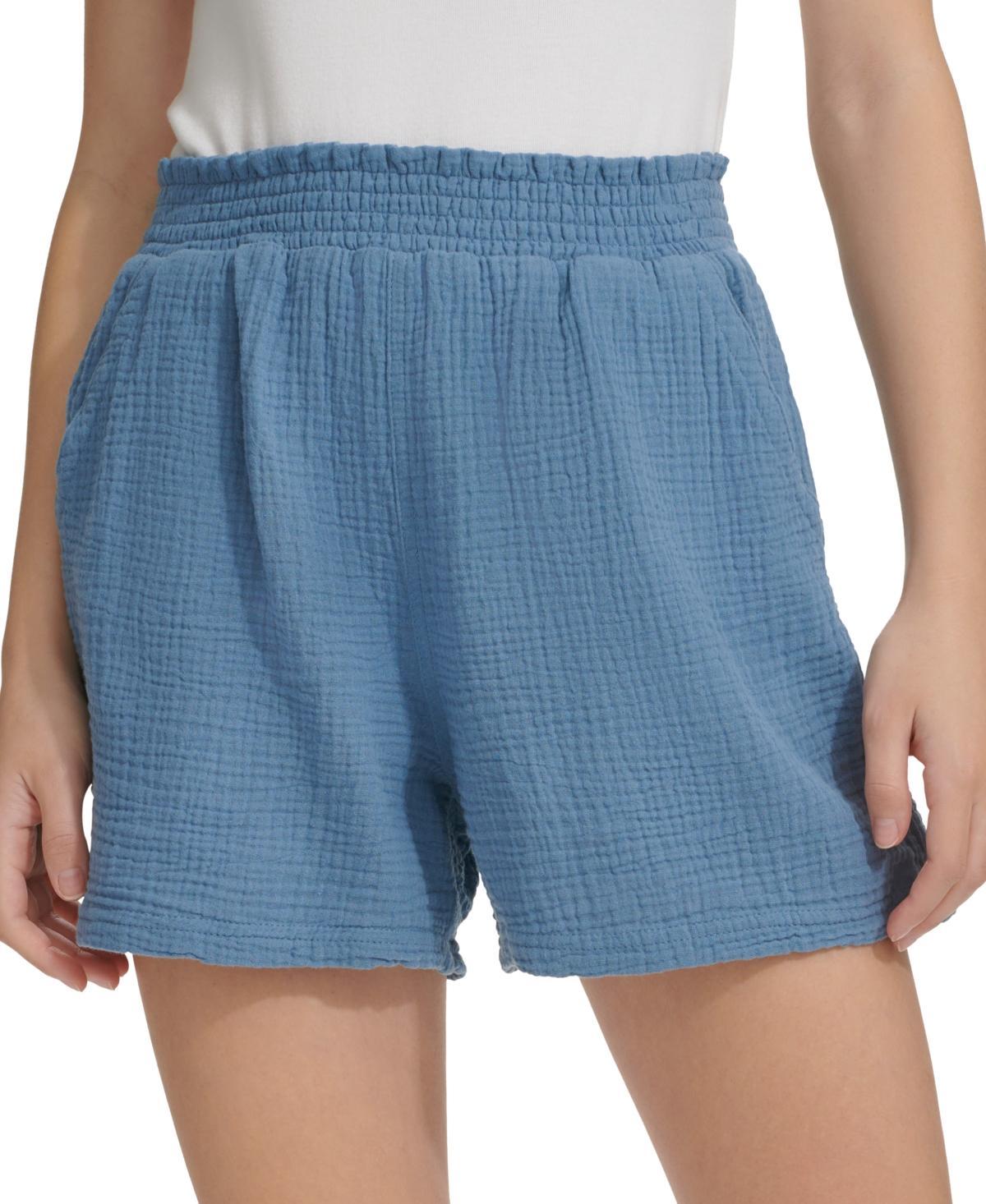 Calvin Klein Jeans Womens Smocked-Waist Double-Crepe Pull-On Cotton Shorts Product Image