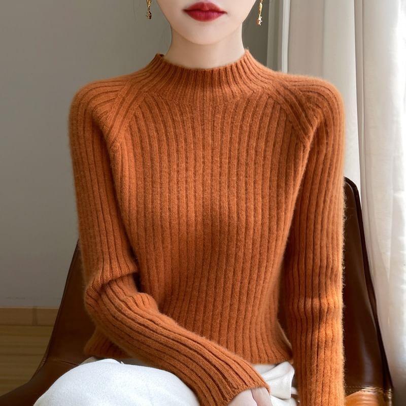 Long-Sleeve Mock Neck Ribbed Knit Top Product Image