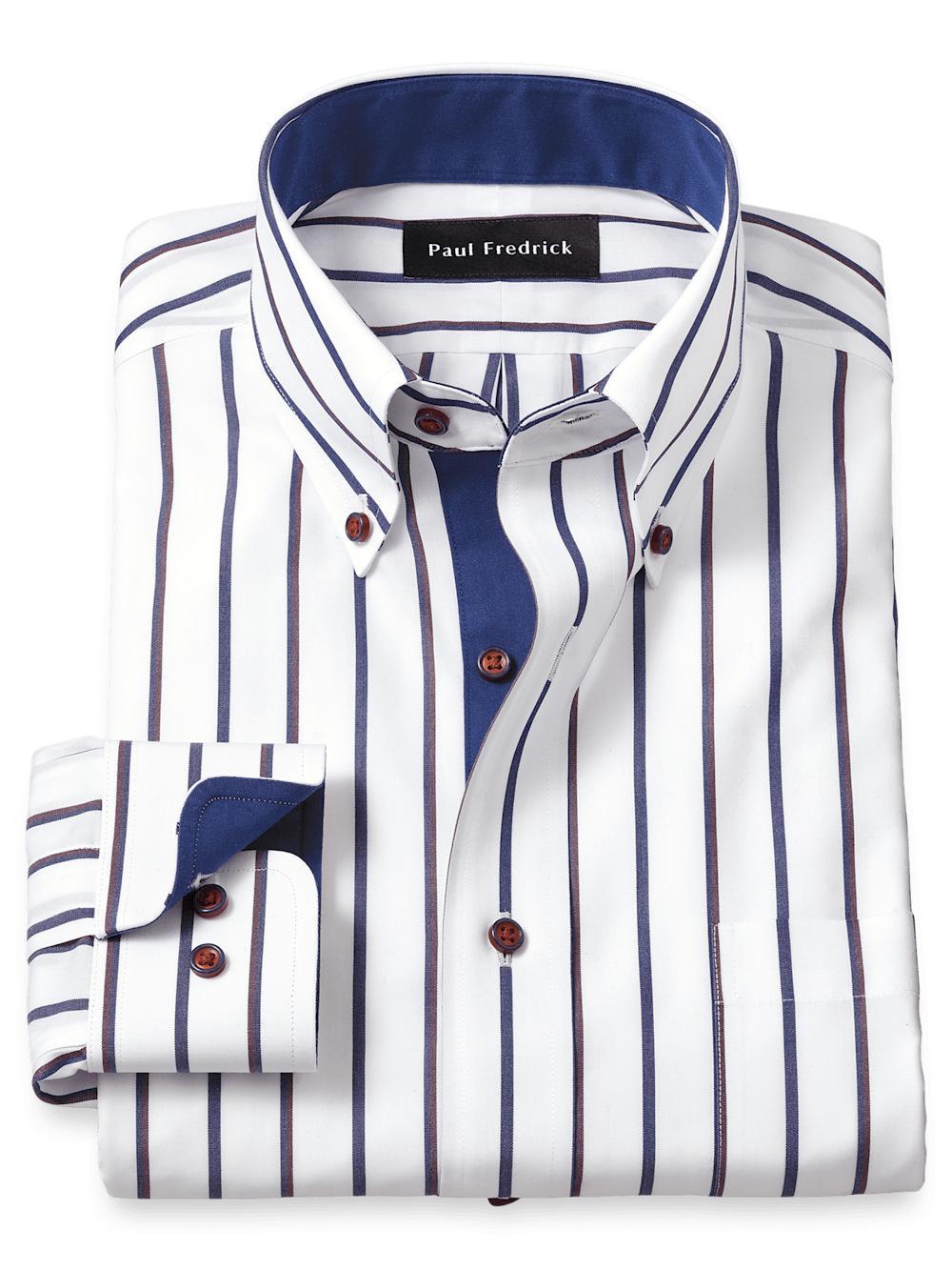 Non-Iron Cotton Stripe Dress Shirt With Contrast Trim - Multi Product Image