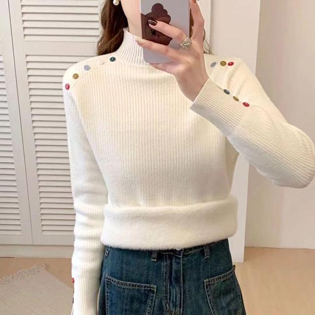 Mock Neck Plain Button Detail Sweater Product Image