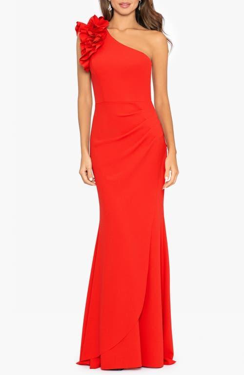 Xscape Ruffle One-Shoulder Scuba Gown Product Image