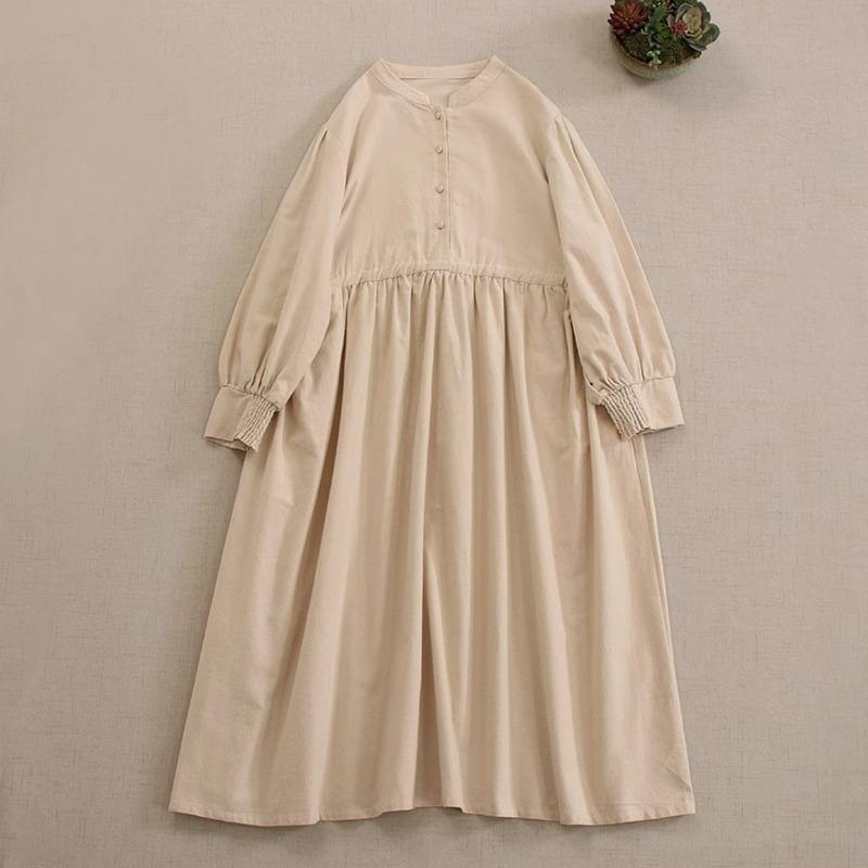 Puff-Sleeve Henley Plain Midi Smock Dress Product Image