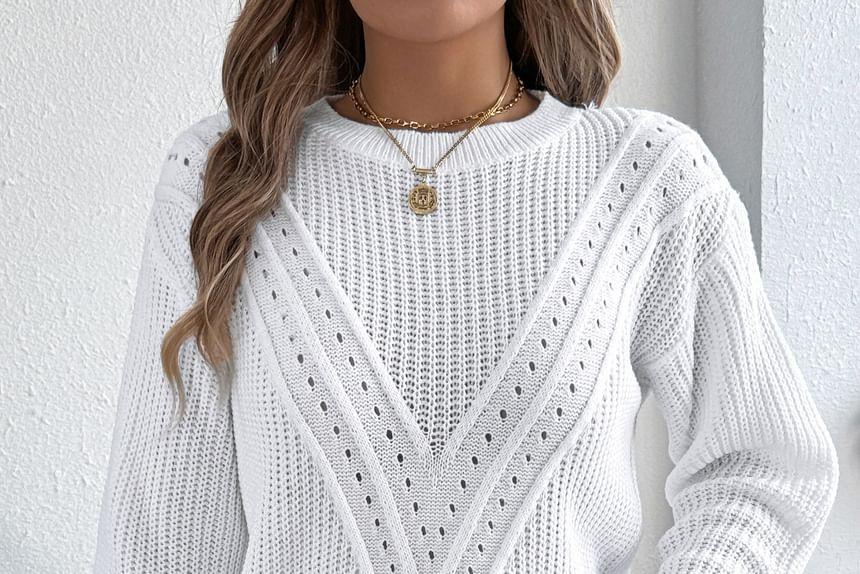 Crew Neck Plain Perforated Sweater Product Image