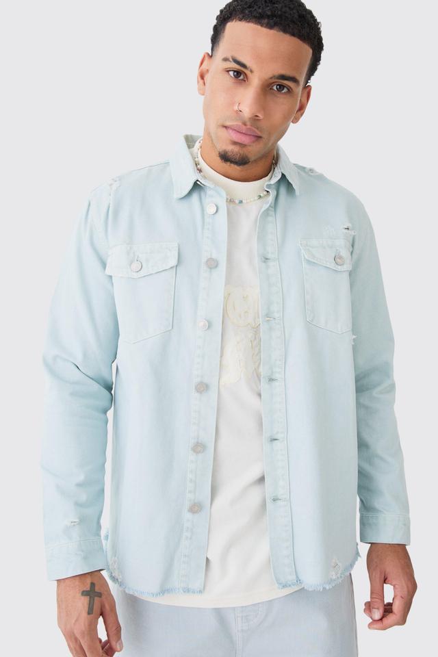 Overdyed Distressed Denim Overshirt | boohooMAN USA Product Image