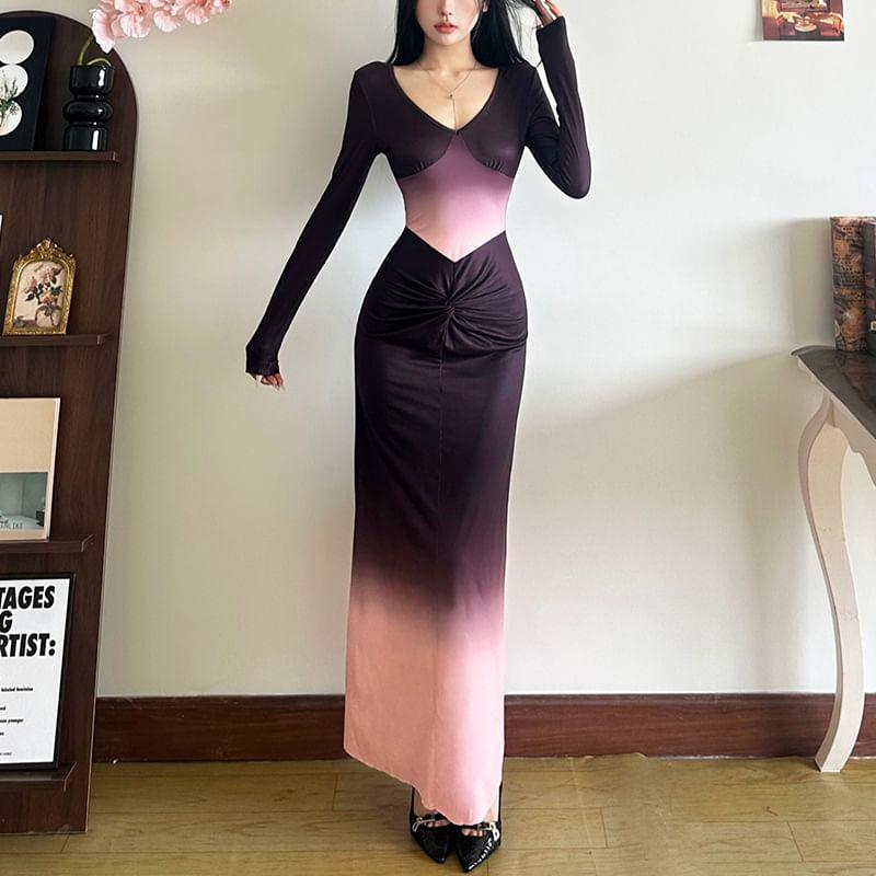 Long Sleeve V-Neck Gradient Ruched Maxi Sheath Dress Product Image