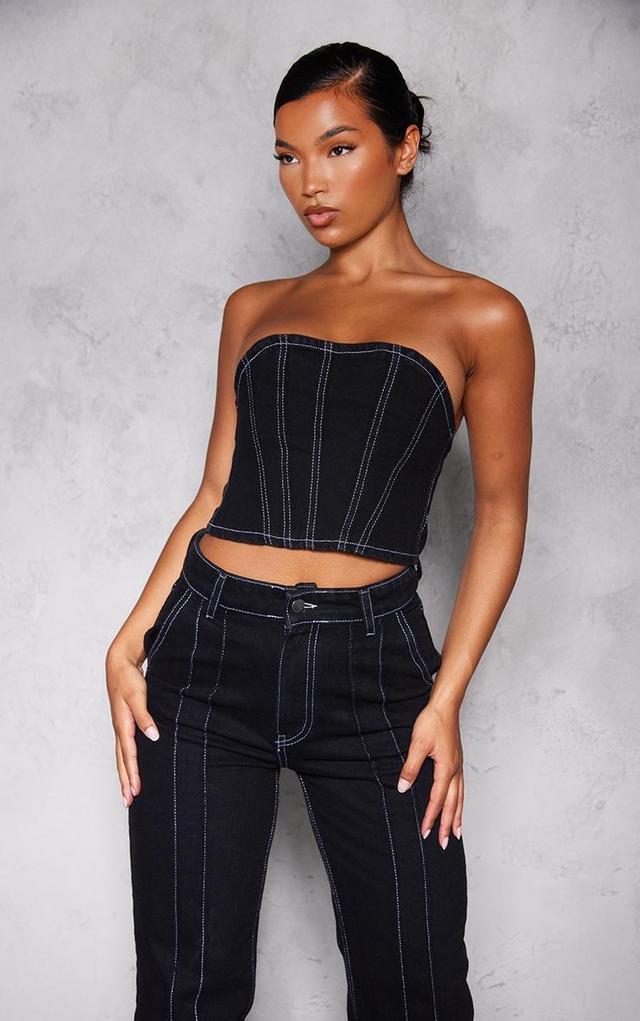 Black Contrast Seam Detail Denim Corset Top Product Image