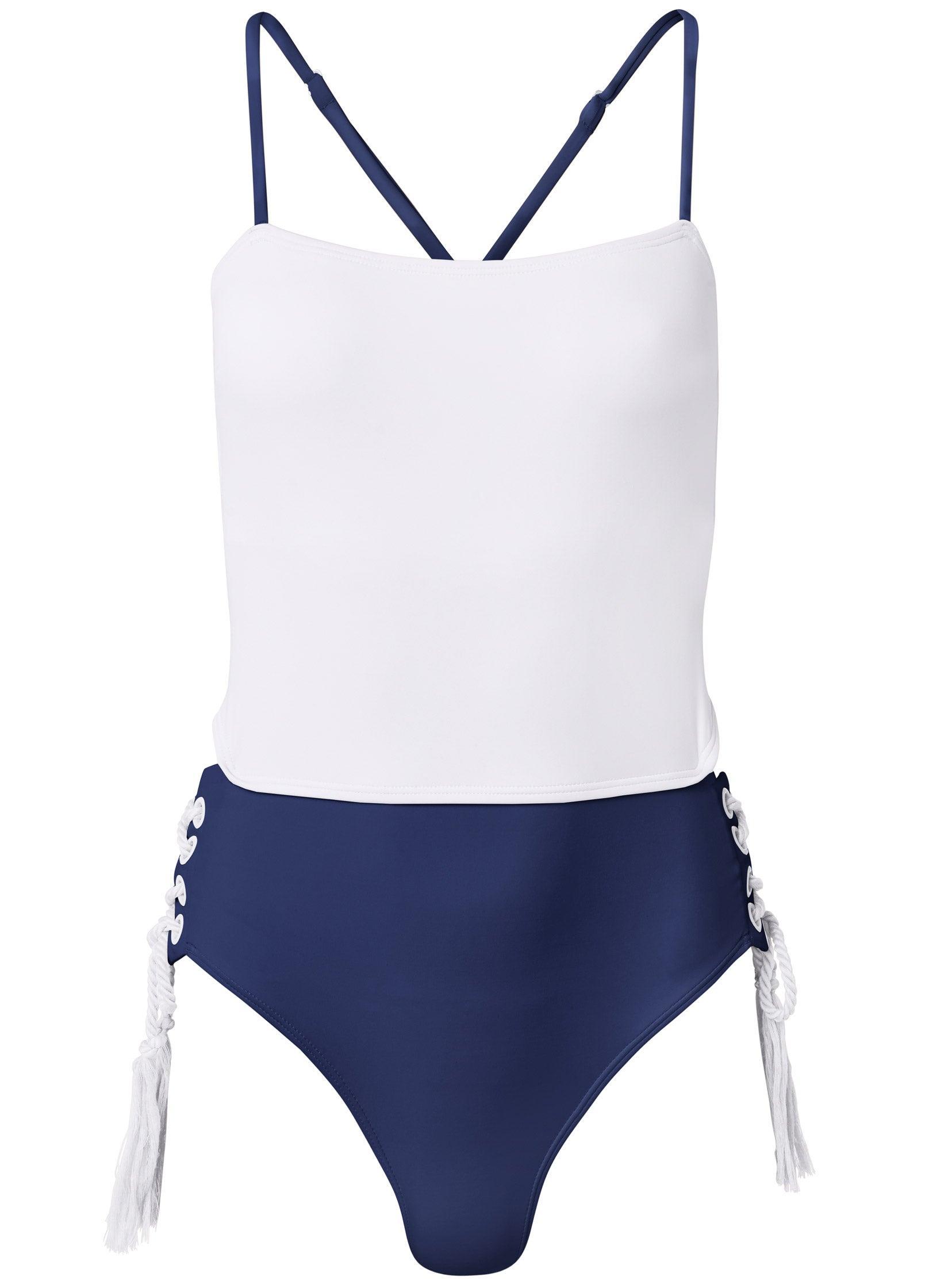 Bandeau Rope Trim One-Piece - Navy Blue & White Product Image