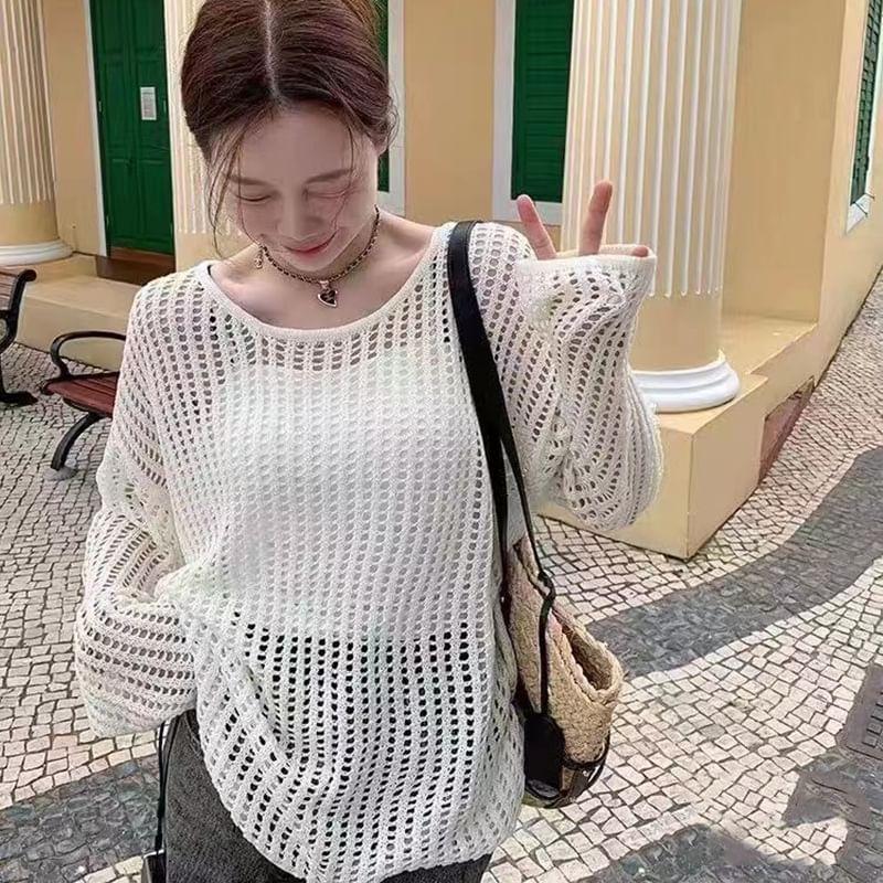 Long-Sleeve Scoop Neck Plain Hollow Out Knit Top Product Image