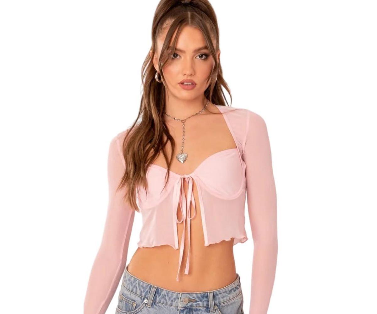 EDIKTED Sheer Mesh Crop Top in Light-Pink at Nordstrom, Size X-Large Product Image