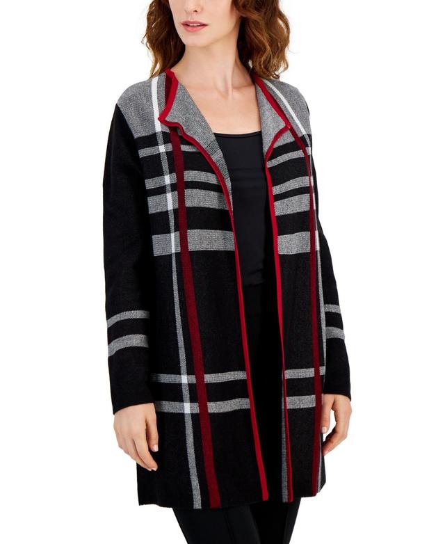 Kasper Womens Edge To Edge Plaid Open-Front Cardigan - Fire Red Product Image