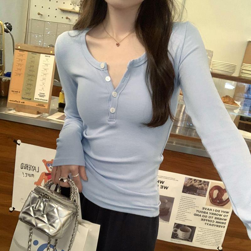 Long-Sleeve Henley Slim Fit Tee Product Image