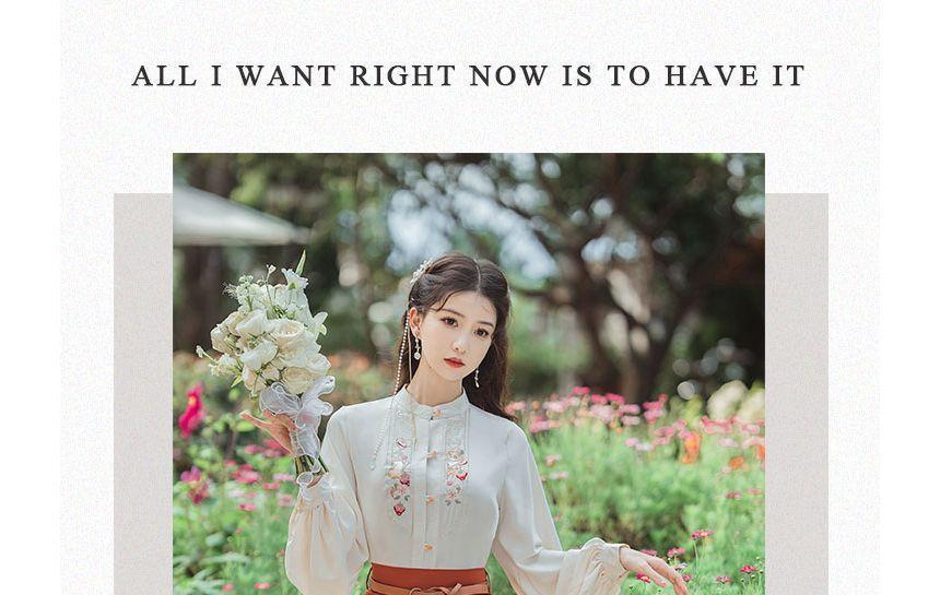 Puff-Sleeve Floral Embroidered Blouse / High Waist Plain Midi A-Line Skirt / Belt / Set Product Image