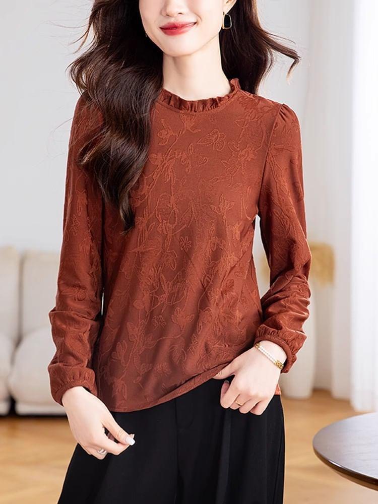 Long Sleeve Round Neck Ruffle Trim Floral Top Product Image