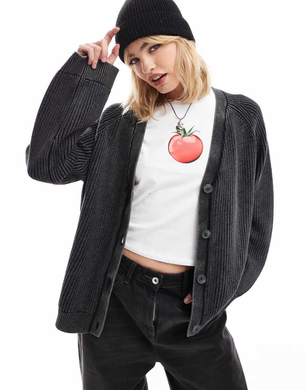 Monki boxy fit cable knit cardigan in off-black Product Image