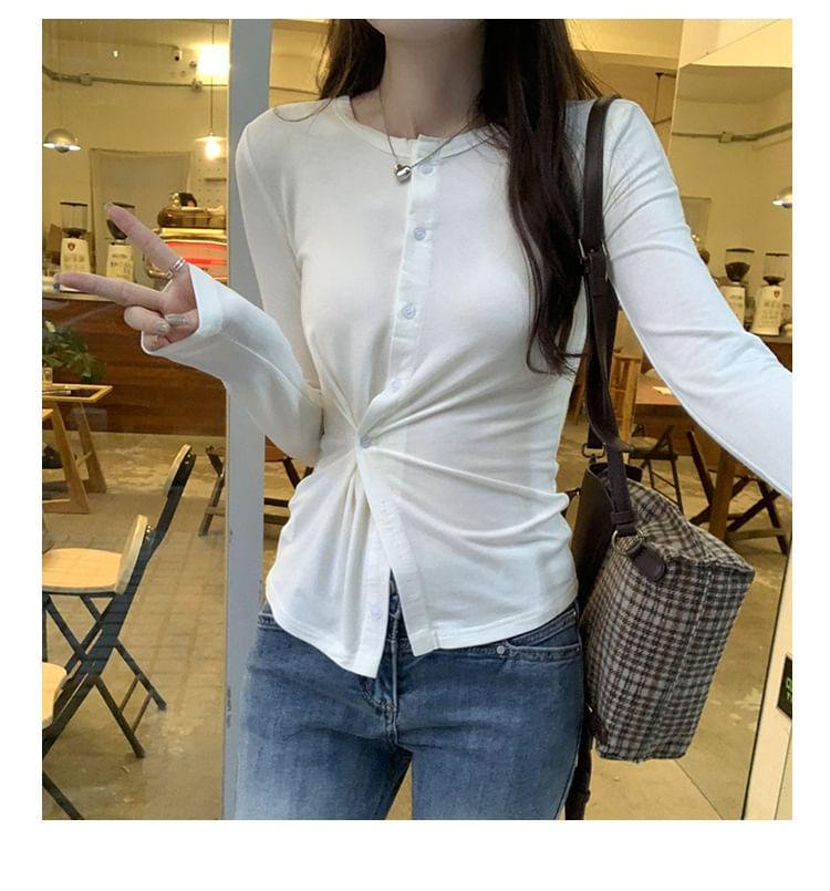 Long-Sleeve Button-Up Twisted Plain Top Product Image