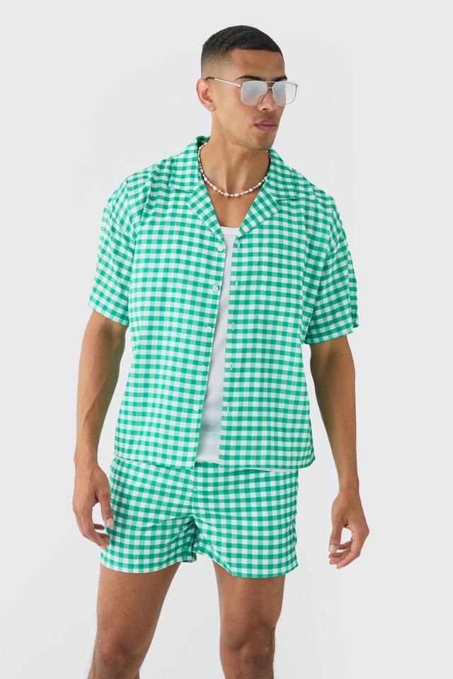 Gingham Shirt & Swim Trunks Set | boohooMAN USA Product Image