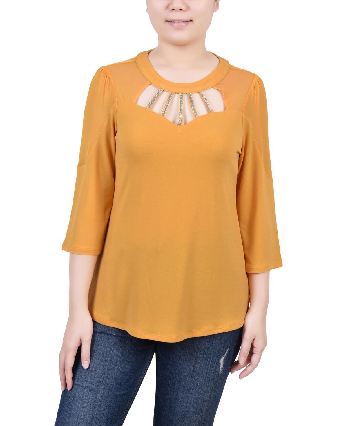 Ny Collection Petite 3/4 Sleeve Top with Neckline Cutouts and Stones Product Image