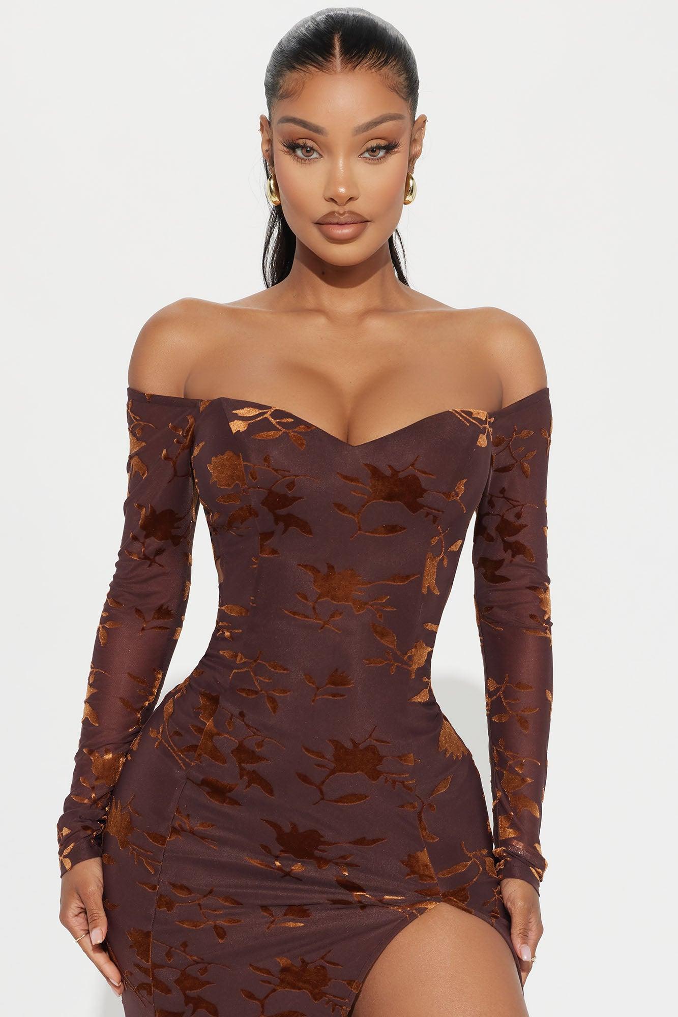 Freya Velvet Mesh Midi Dress - Chocolate Product Image