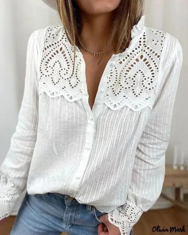 Olivia Mark – Contrast Lace Trim Button-Front Blouse with Flounced Hem product image