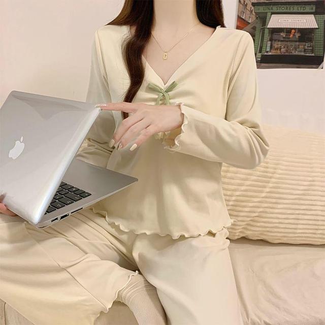 Pajama Set: Long-Sleeve V-Neck Bow Accent Lettuce Edge Padded T-Shirt + Pants Product Image