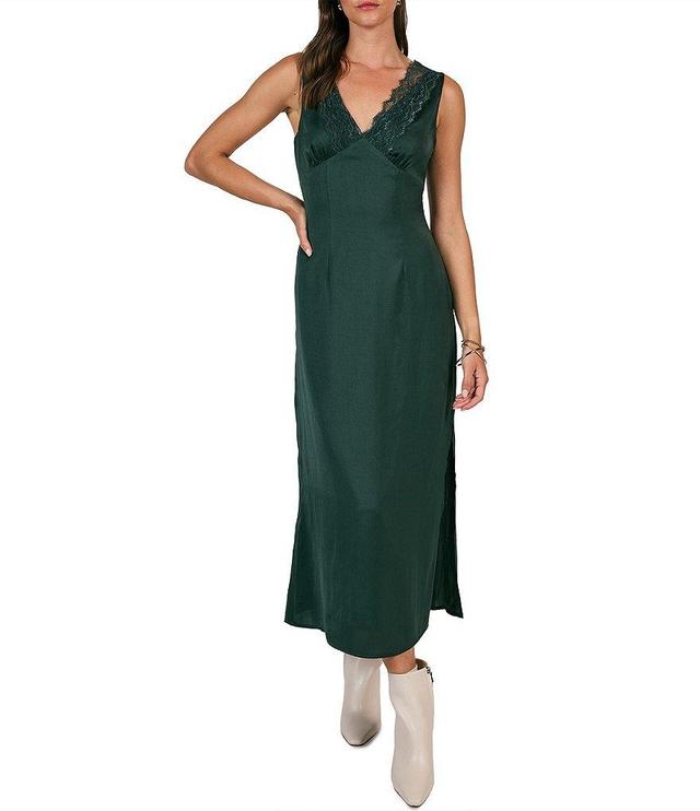 Sage The Label Write Poetry Satin V Neck Sleeveless Lace Trim Maxi Dress Product Image