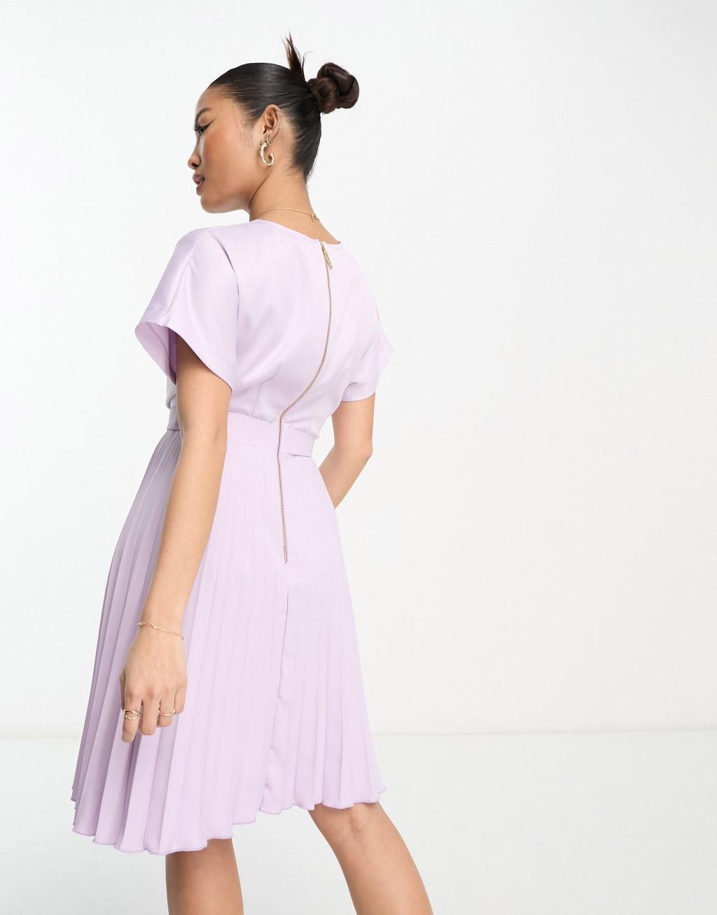 Closet London Petite wrap front pleated mini dress in lavender Product Image