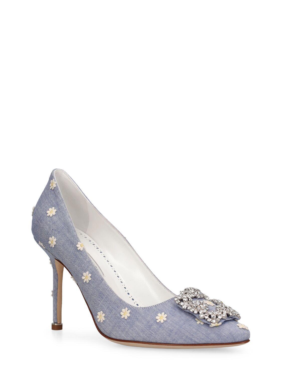 MANOLO BLAHNIK 90mm Hangisi Canvas Pumps In Light Blue,white Product Image