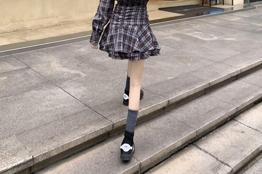 Long-Sleeve Collared Plaid Ruched Layered Half-Buttoned Mini A-Line Dress Product Image