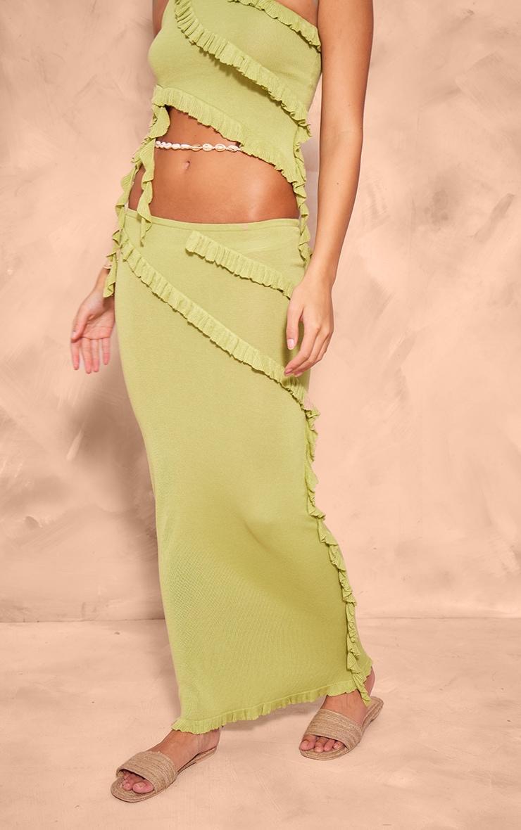 Dark Olive Rib Knit Frill Detail Maxi Skirt Product Image