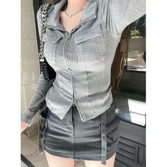 Stand Collar Plain Flap Pocket Zip Jacket Product Image