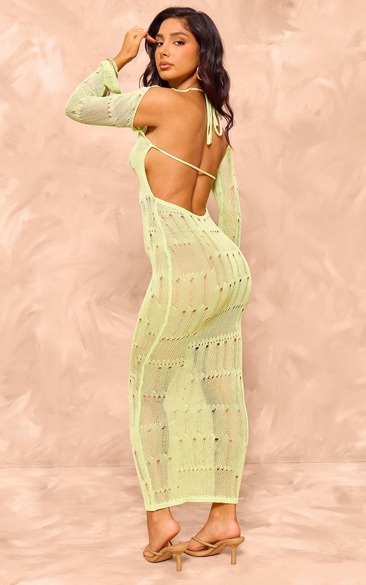 Petite Lime Green Knitted Open Back Long Sleeve Maxi Dress Product Image