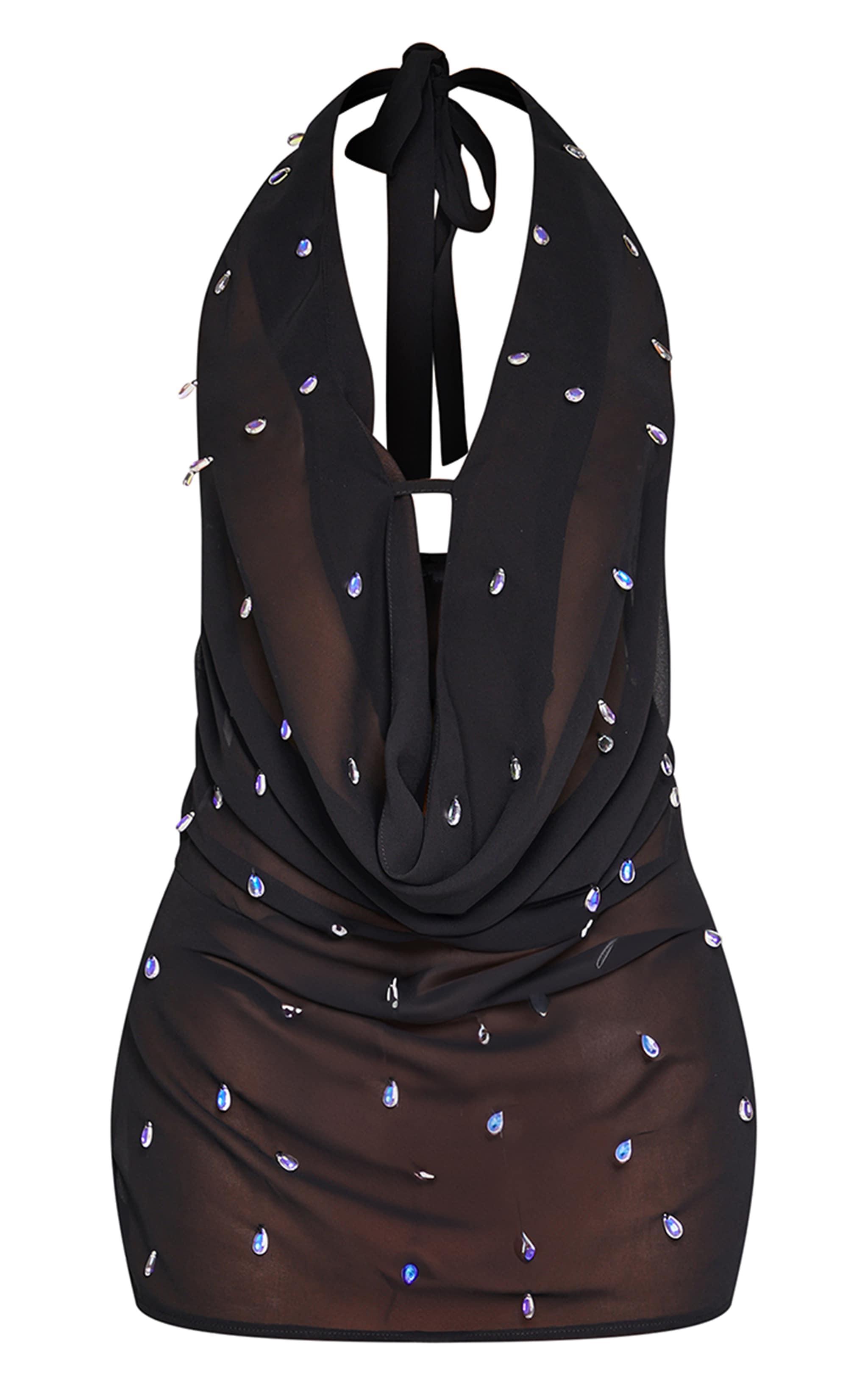 Petite Black Mesh Embellished Mini Dress Product Image