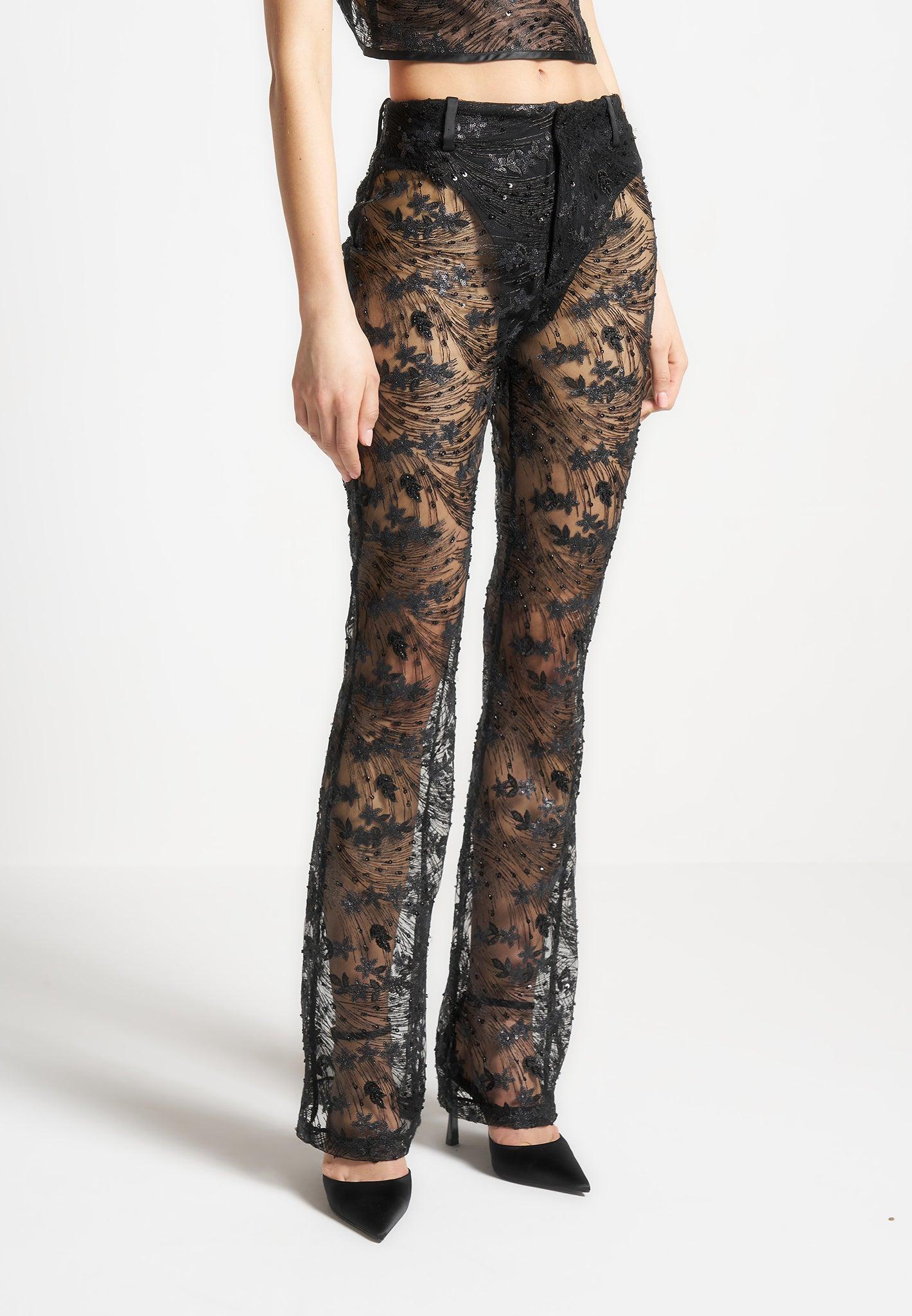 Embellished Lace Fit and Flare Trousers - Black Female Product Image