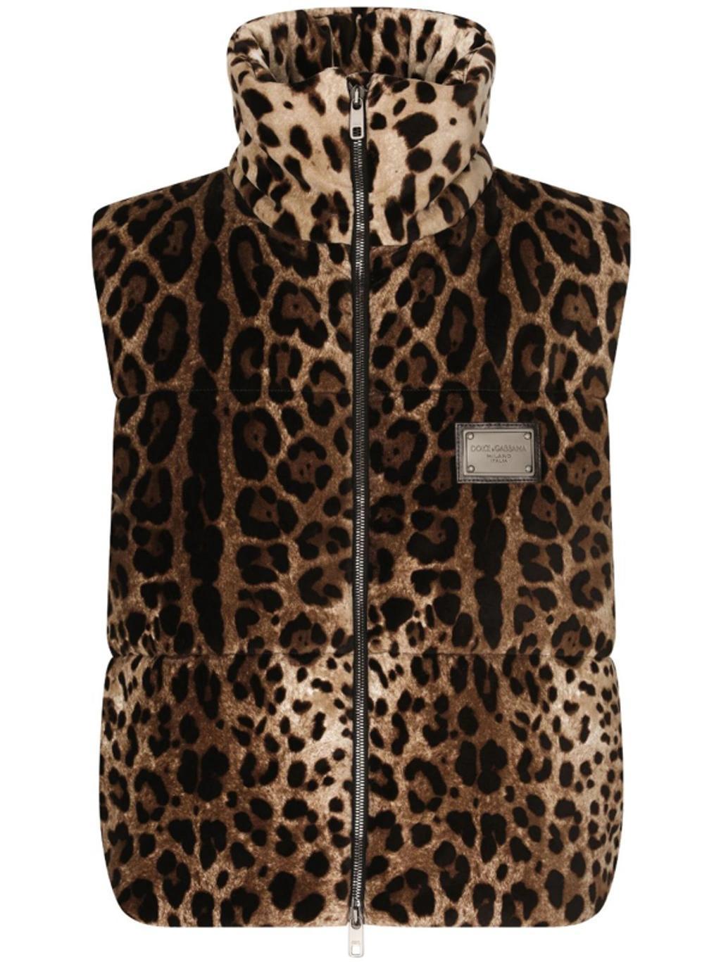 DOLCE & GABBANA Logo-plaque Leopard-print Gilet In Brown Product Image