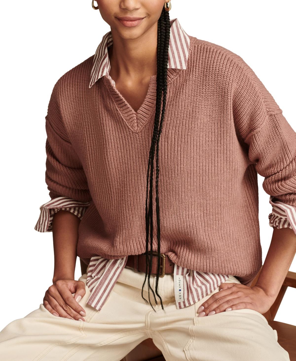 Lucky Brand Womens Striped Notched-Neck Sweater Product Image